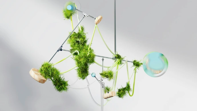 a mobile made of green plants and balls